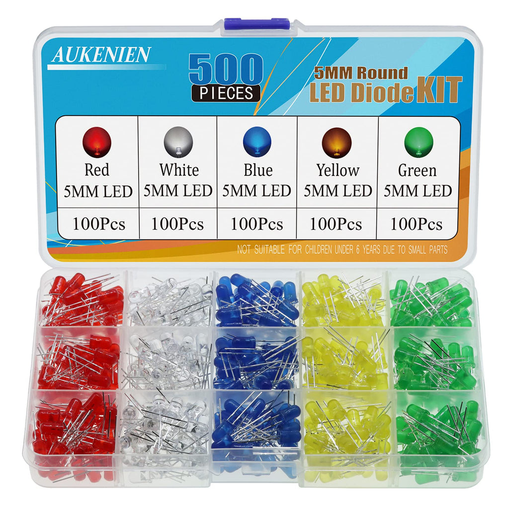 AUKENIEN 500pcs 5MM LED Diodes Light Emitting Diode Assortment Kit 5 Colors Red Blue Yellow Green White Round LED Lighting Bulb Lamp Components for Electronics 5MM LED - 5 Colors