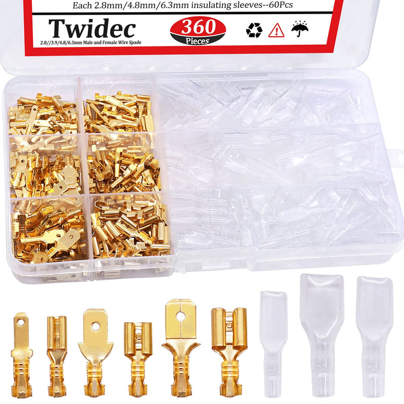 Twidec/360Pcs 2.8/4.8/6.3mm Quick Splice Male and Female Wire Spade Connector Crimp Terminal Block Assortment Kit Golden with Insulating Sleeve for Electrical Wiring Car Audio Speaker N-002 360PCS