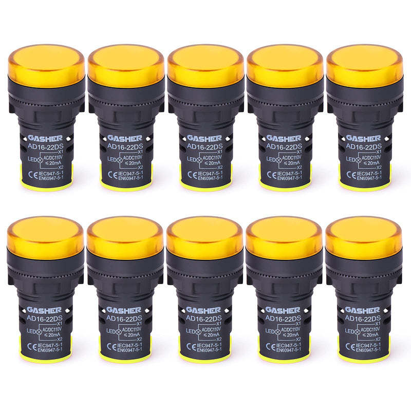 GASHER 12V/24V/110V 20mA Energy Saving Indicator Light Mounting Hole Size 22mm (7/8 Inch) Yellow 10 Pcs 110V