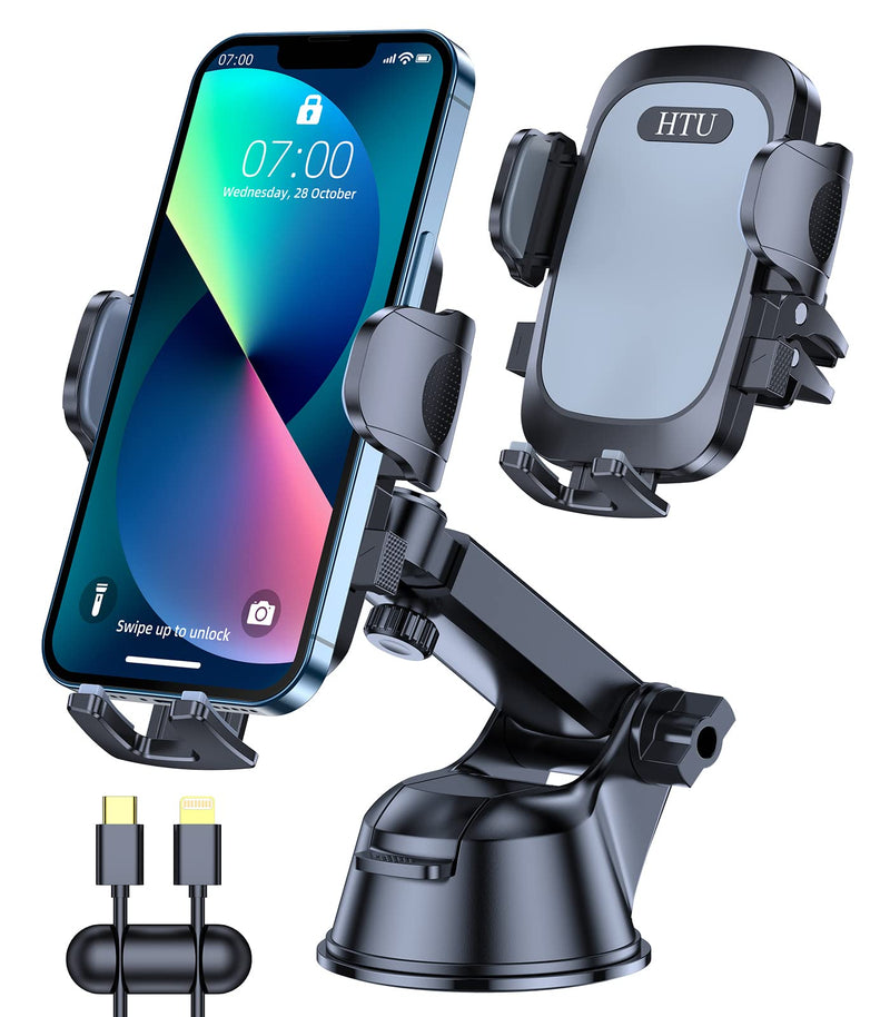 HTU Cell Phone Holder for Car Dashboard [Big Phones & Thick Case Friendly] Compatible for iPhone 13 Pro Max 12 11 Pro All Smartphones Easy One Touch Cellphone Car Mount Dash Windshield Air Vent Cradle