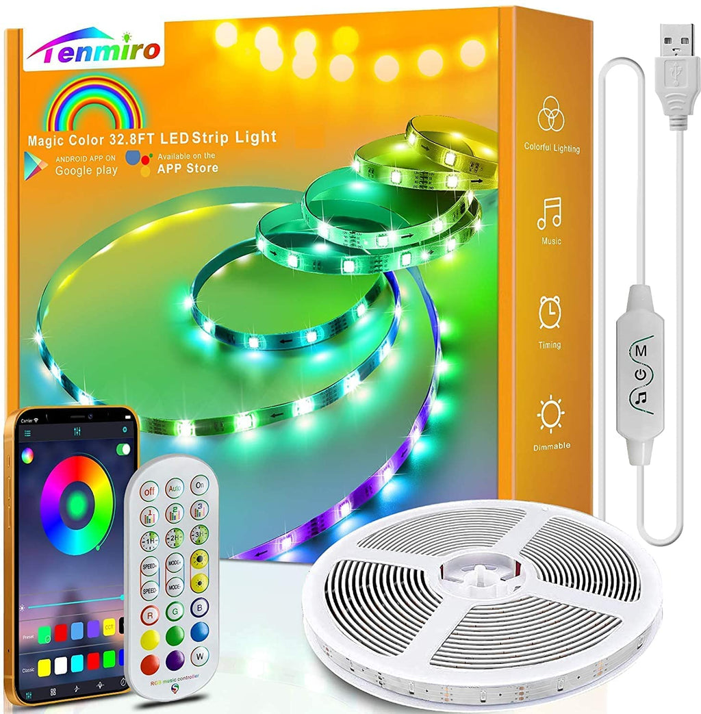 Dreamcolor Led Strip Lights，Tenmiro 32.8ft Rainbow Led Light Strips APP Control Music Sync Color Changing Chase Led Strip with Remote, Led Lights for Bedroom Kitchen Home Decoration, USB Power Supply Magic-color 32.8FT