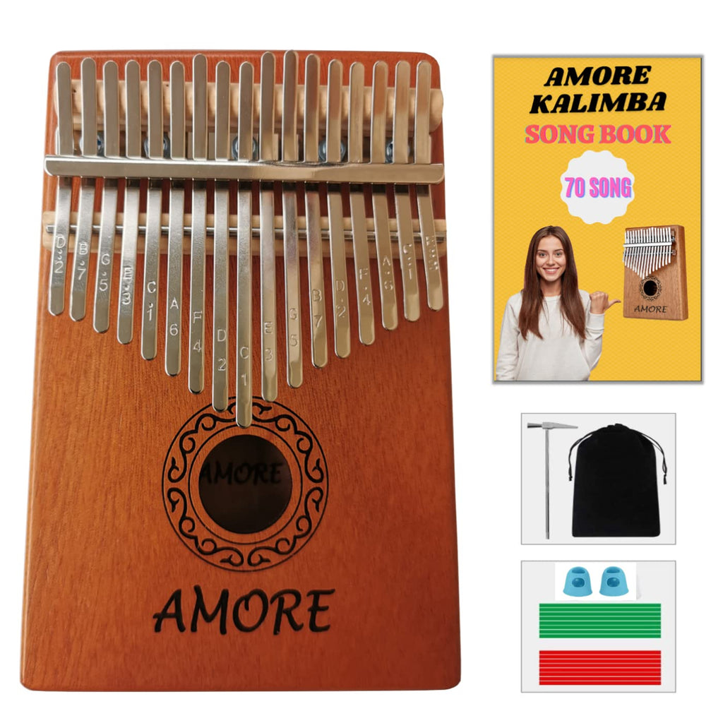 AMORE Kalimba Thumb Piano 70 Song Book Tabs 17 Keys Portable Mbira Finger Piano Small Musical Instruments Gifts for Kids and Adults Beginners All in One Kit