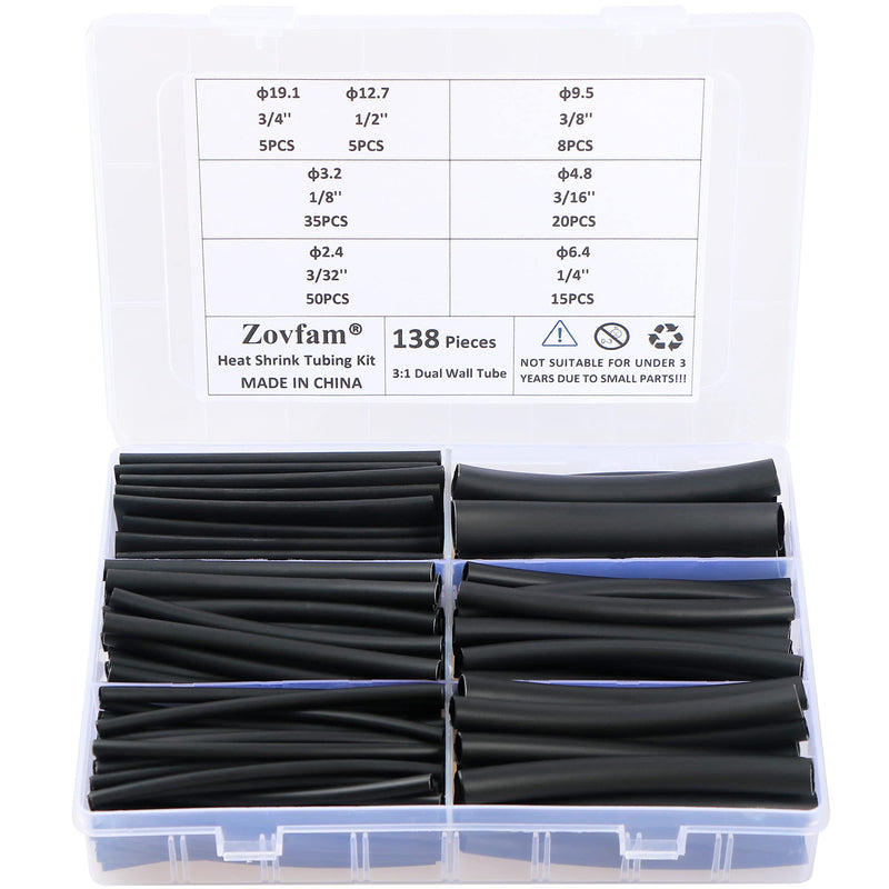 Wire Shrink Wrap Tubing Zovfam 138Pcs 3:1 Heat Shrink Tubing with Adhesive, 7 Sizes (Diameter): 2/32, 3/16, 1/8, 3/8, 1/4, 1/2, 3/4-Inch Marine Heat Shrink Tubing Assortment Kit (Black)