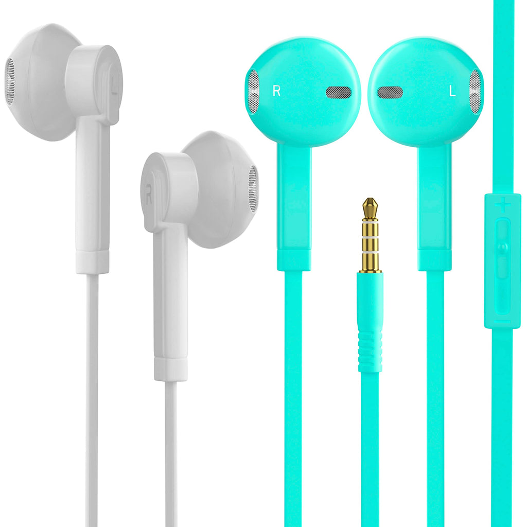 Headphones Earphones Earbuds [2-Pack] V-8 in-Ear Earbuds with Built-in Microphone & Volume Control, Tangle Free Cord, Noise Isolating Earphone Tips, 3.5mm Plug, White, Turquoise