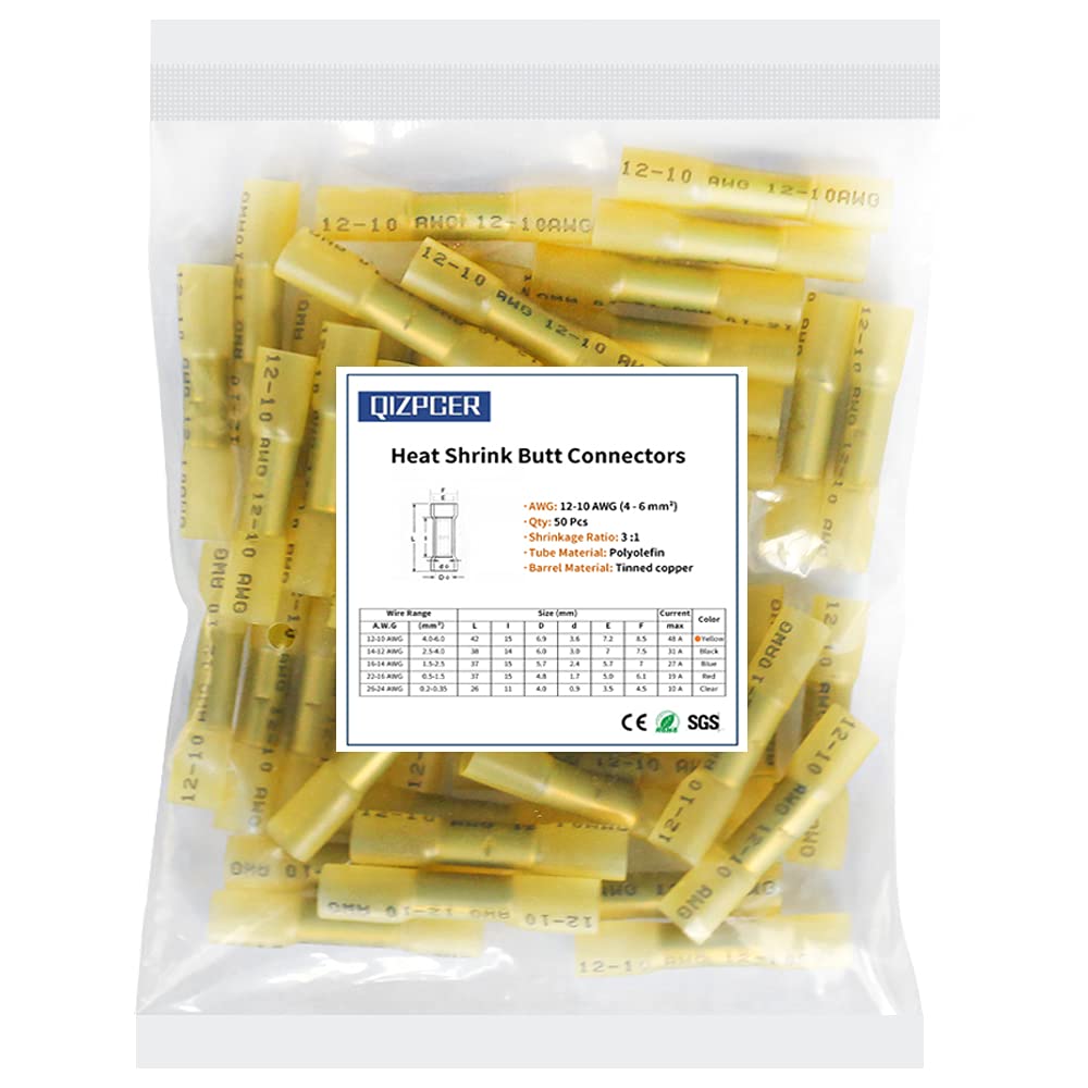 50 Pcs Yellow Heat Shrink Butt Connectors, 12-10 AWG Waterproof Crimp Terminals Electrical Wire Connectors Splice for Marine, Cable, Wiring