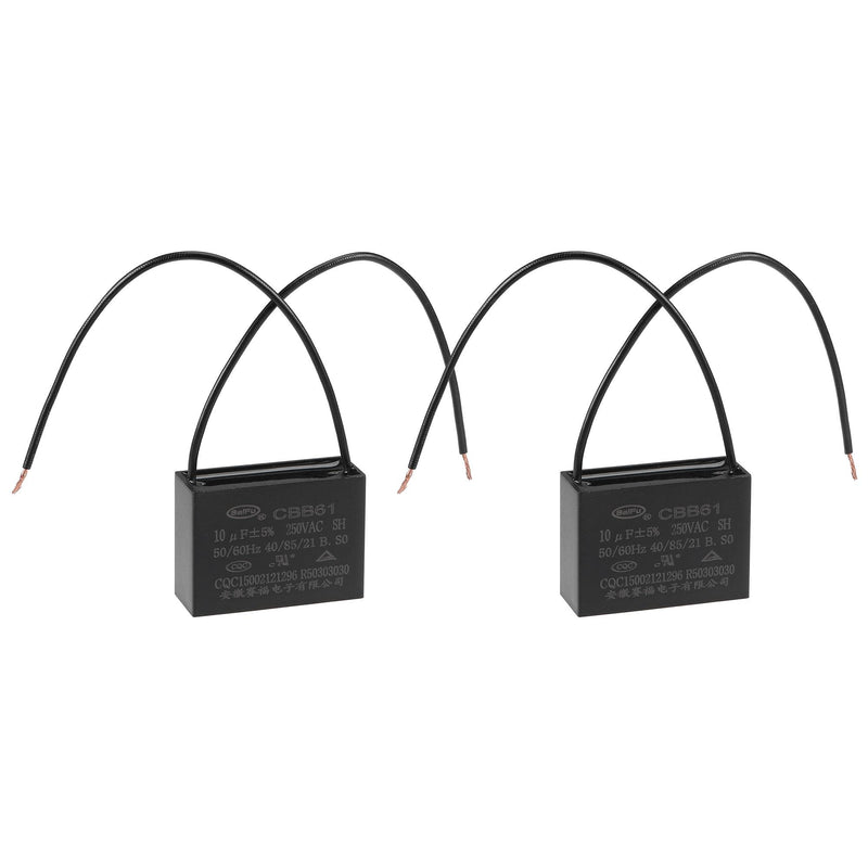 uxcell Ceiling Fan Capacitor CBB61 10uF 250V AC 2 Wires Metallized Polypropylene Film Capacitor 47x34x18mm for Electric Fan Pump Motor Generator 2Pcs