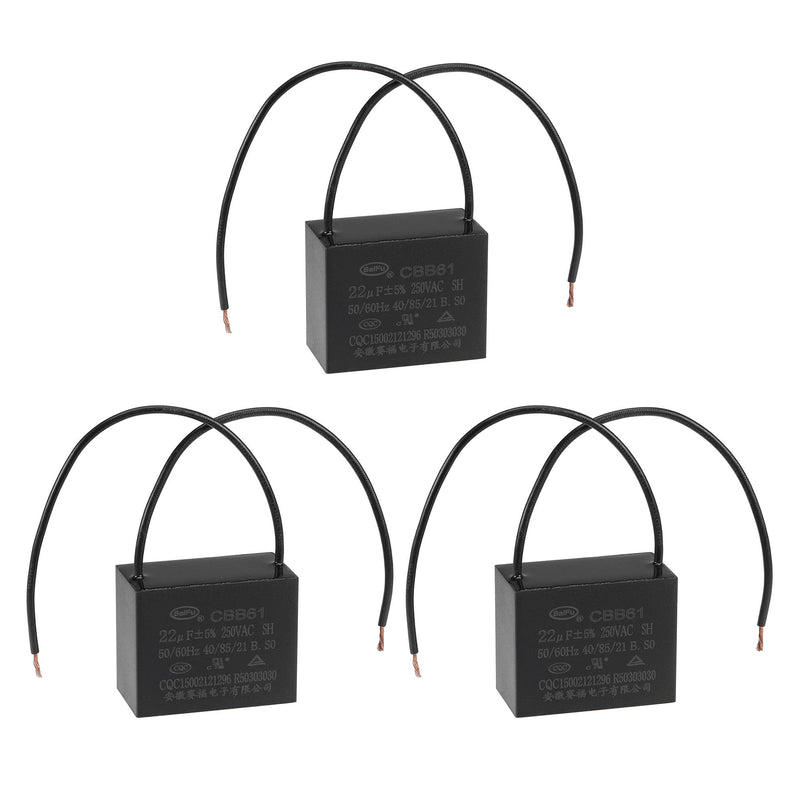 uxcell Ceiling Fan Capacitor CBB61 22uF 250V AC 2 Wires Metallized Polypropylene Film Capacitor 48x38x26mm for Electric Fan Pump Motor Generator 3Pcs