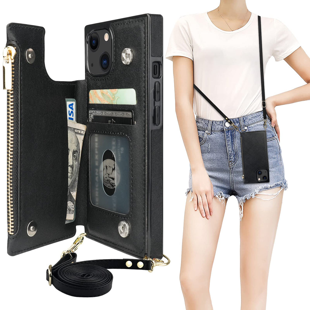 Bocasal Crossbody Wallet Case for iPhone 13 with RFID Blocking Card Slot Holder, Magnetic Flip Folio Purse Case, PU Leather Zipper Handbag with Detachable Lanyard Strap 6.1 Inch 5G (Black) Black