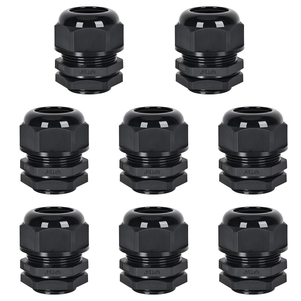 8 Pack Cable Glands NPT 3/4", Strain Relief Cord Connector Adjustable 12-18 mm Nylon Cable Gland IP68 Waterproof, UL Listed