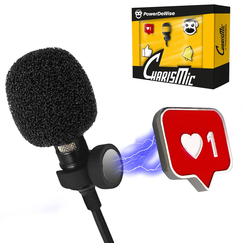 CharisMic - Lavalier Clip On Microphone with Magnetic Mount and Badges for Camera or Phone - Small Lapel Mic use for Video Recording 3.5mm Noise Cancelling