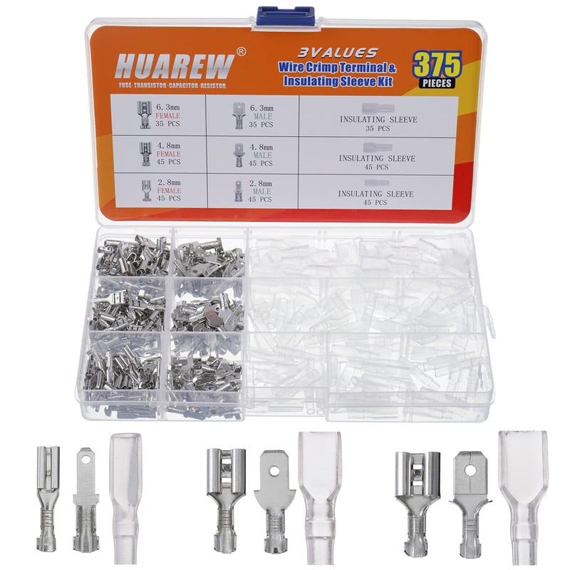 HUAREW 3 Values 375 Pcs 2.8/4.8/6.3mm Male and Female Wire Spade Connecto Crimp Terminal Insulating Sleeve Kit for Car Audio Speaker Electrical Wiring