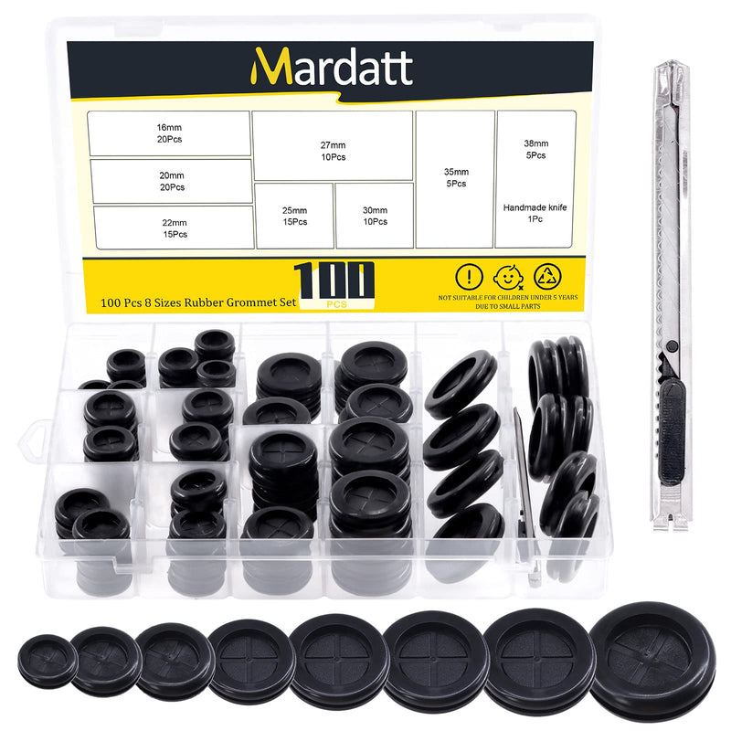 Mardatt 101 Pcs 8 Sizes Rubber Grommet Set, 16-38mm Double Sided Round Round Electrical Wire Gasket with Storage Box and Knife, Solid Ring Gasket Rubber for Cable Firewall Hole Plug Auto