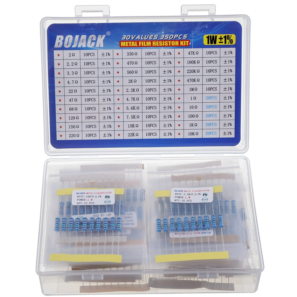 BOJACK 350 Pcs 30 Values Resistor Kit 1 Ohm - 1M Ohm with 1% 1W Metal Film Resistors Assortment 1 W