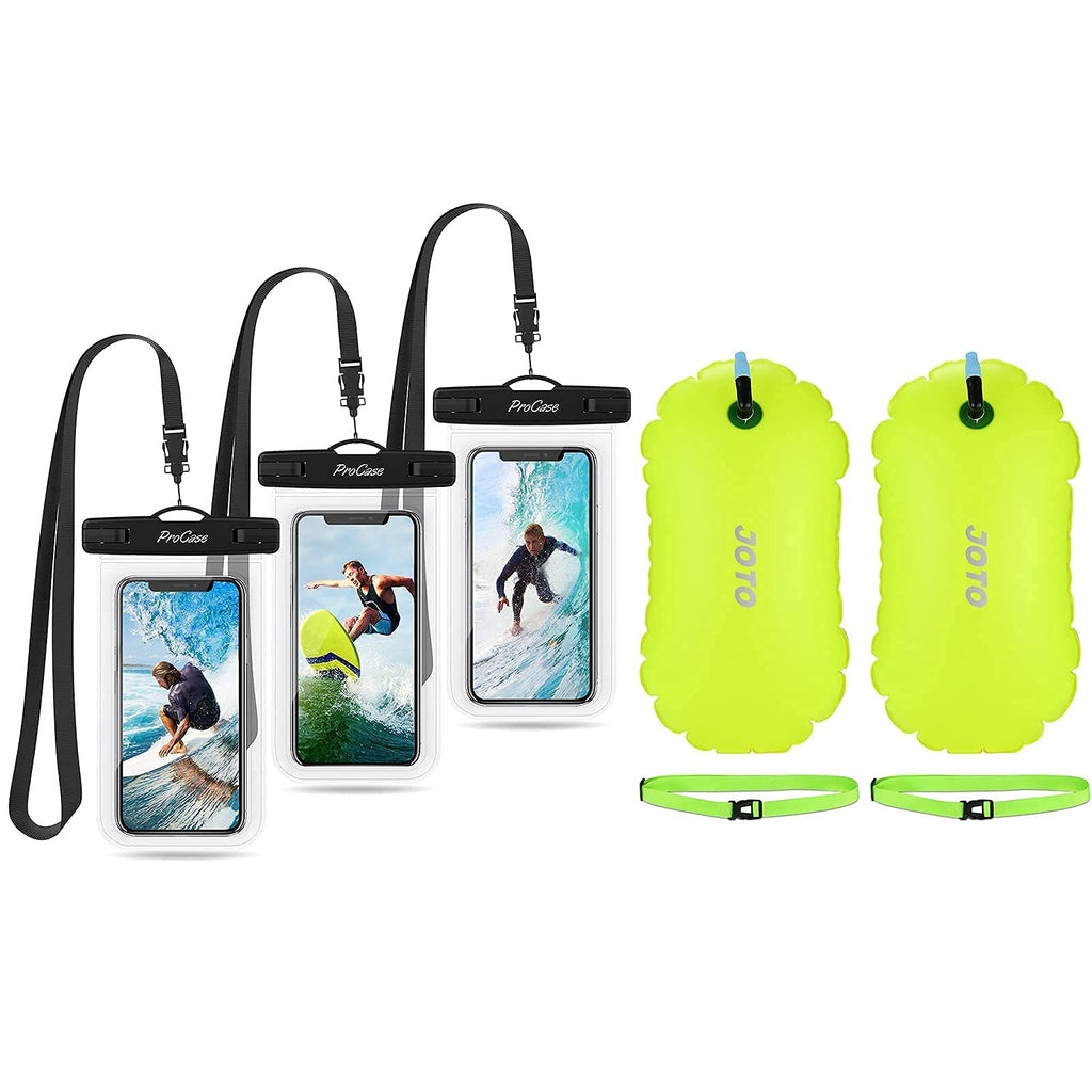 3 Pack ProCase Universal Cellphone Waterproof Pouch Dry Bag Underwater Case Bundle with 2 Pack JOTO Swim Buoy Float, Swimming Bubble Safety Float with Adjustable Waist Belt