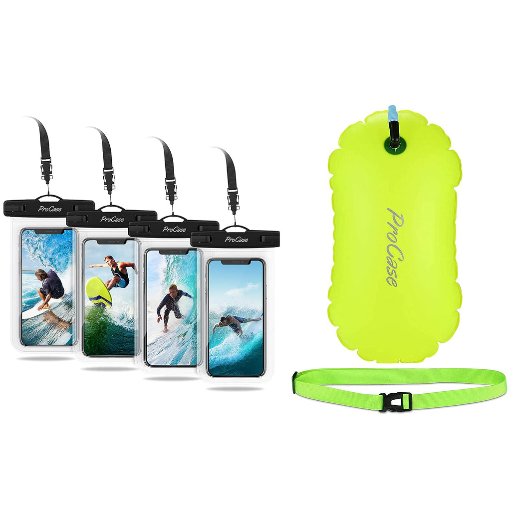 4 Pack ProCase Universal Cellphone Waterproof Pouch Dry Bag Underwater Case Bundle with ProCase Swim Buoy Float, Swimming Bubble Safety Float with Adjustable Waist Belt