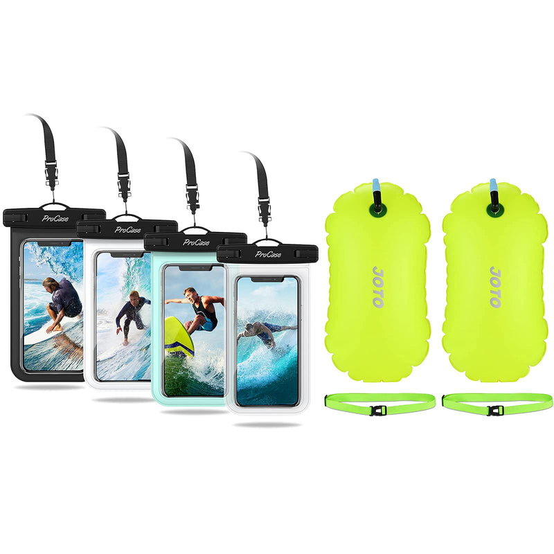 4 Pack ProCase Universal Cellphone Waterproof Pouch Dry Bag Underwater Case Bundle with 2 Pack JOTO Swim Buoy Float, Swimming Bubble Safety Float with Adjustable Waist Belt