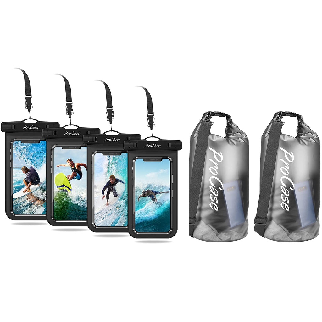 4 Pack ProCase Universal Cellphone Waterproof Pouch Dry Bag Underwater Case Bundle with ProCase 2 Pack Floating Waterproof Dry Bag Clear 20Liter