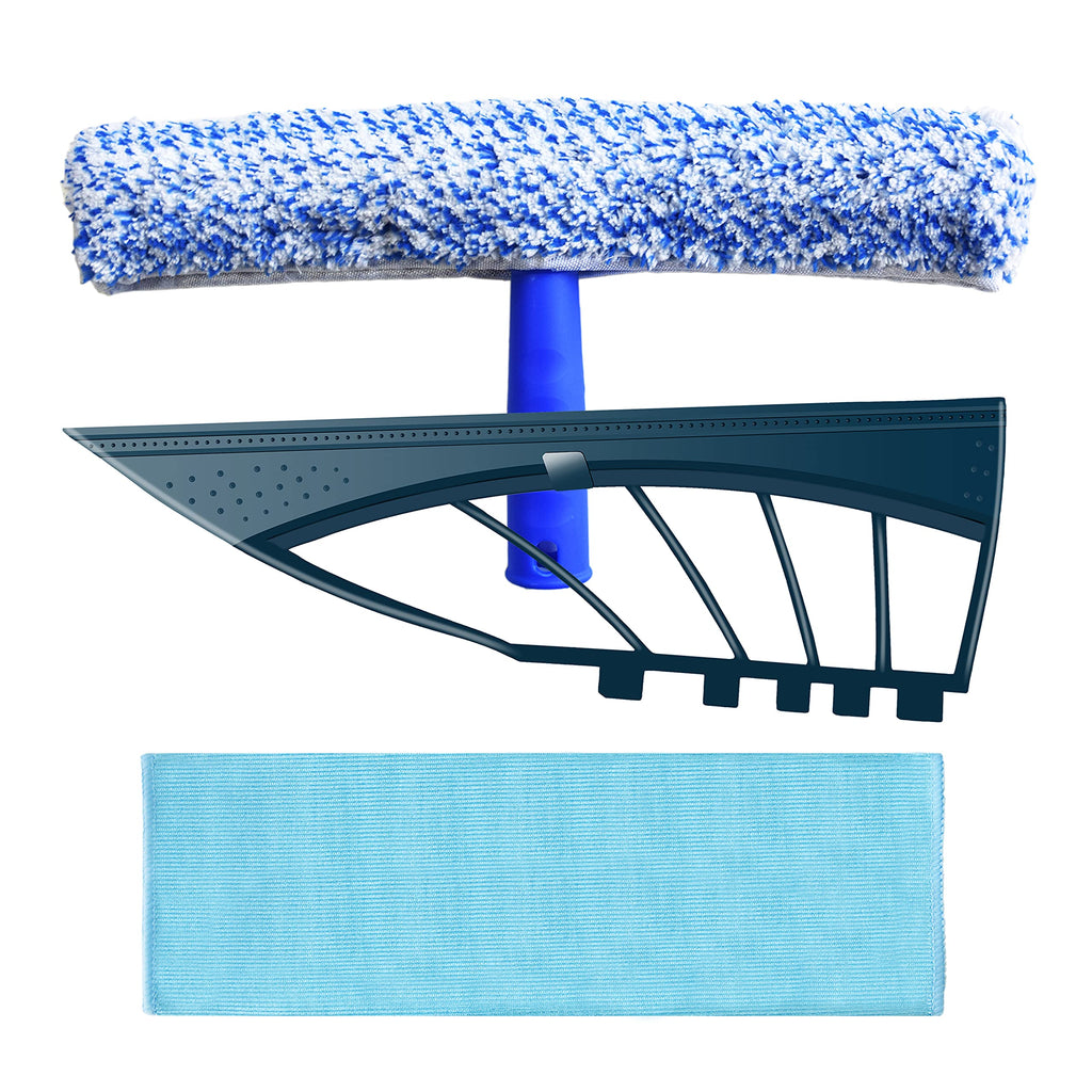 3-in-1 Window Cleaning Kit: Microfiber Window Scrubber / Streak Free Silicone Squeegee / Lint Free Polishing Cloth, Professional Window Washing Combi for House Car Bathroom Household