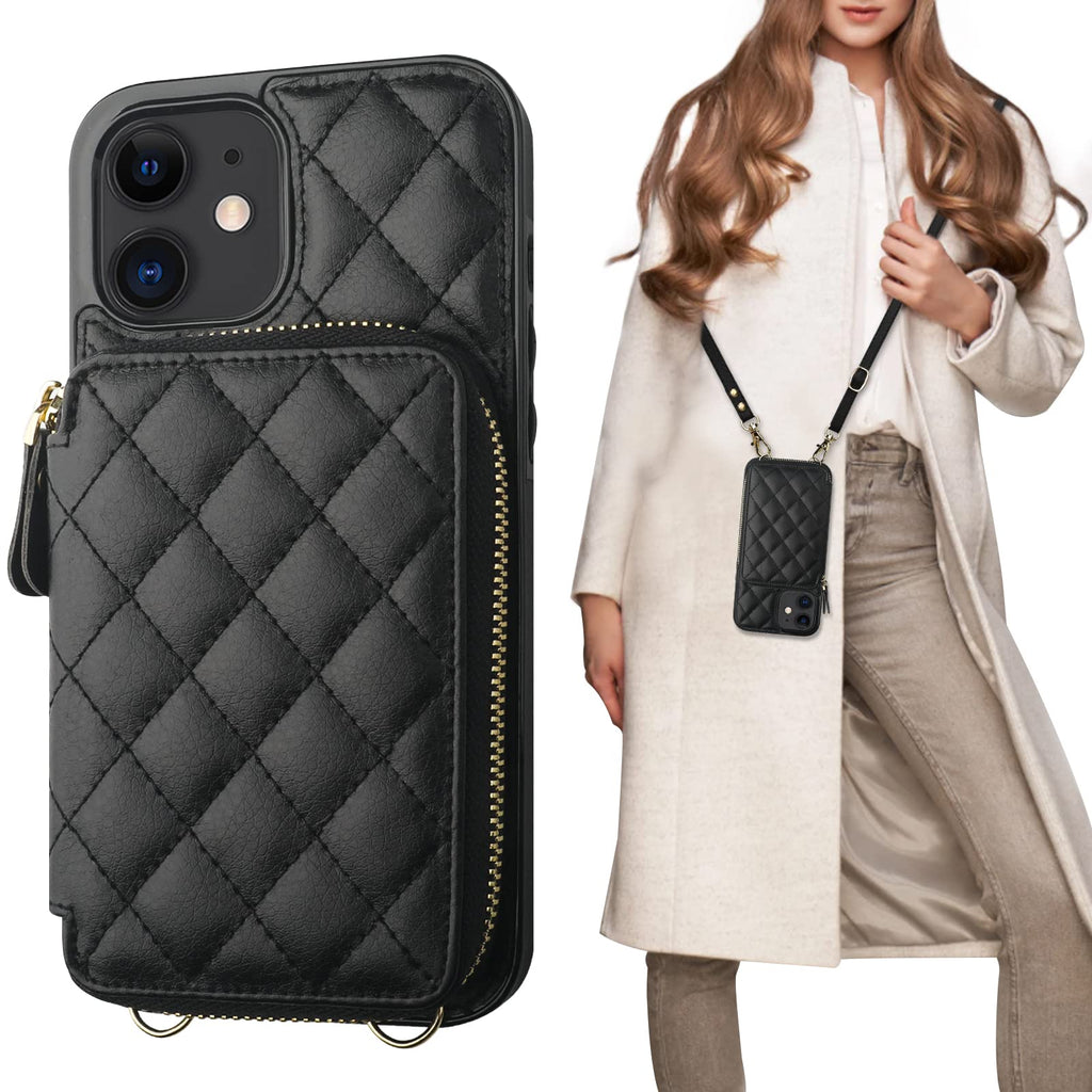 Bocasal Crossbody Wallet Case for iPhone 12/12 Pro, RFID Blocking PU Leather Zipper Handbag Purse Flip Cover, Kickstand Folio Case with Card Slots Holder Wrist Strap Lanyard 5G 6.1 Inch (Black) Black