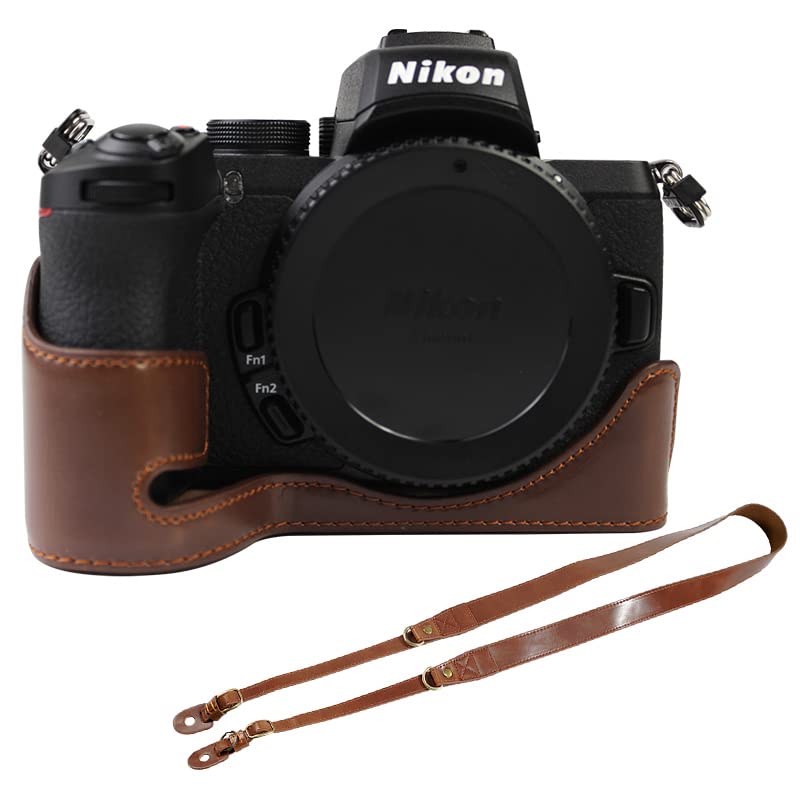 Camera Half Case for Nikon Z50 Camera PU Leather Camera Case Bag Cover Bottom Opening Version with Strap Dark Brown