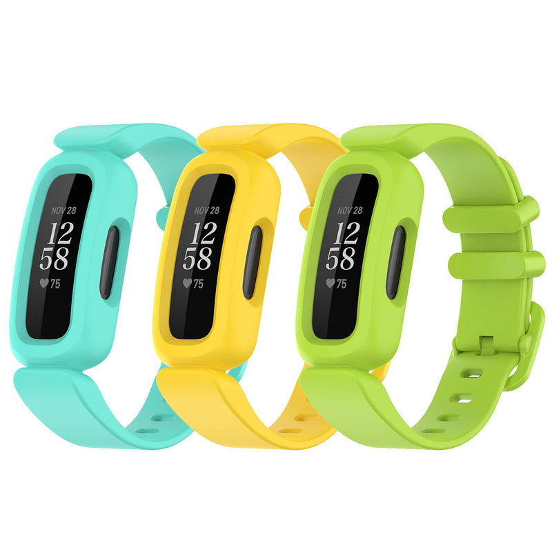 eiEuuk Watch Bands Compatible with Fitbit Ace 3 Tracker for Kids,Soft Silicone Wristbands Accessory Straps Replacement for Fitbit Ace 3,(No Tracker), Teal&Yellow&Lime, One Size