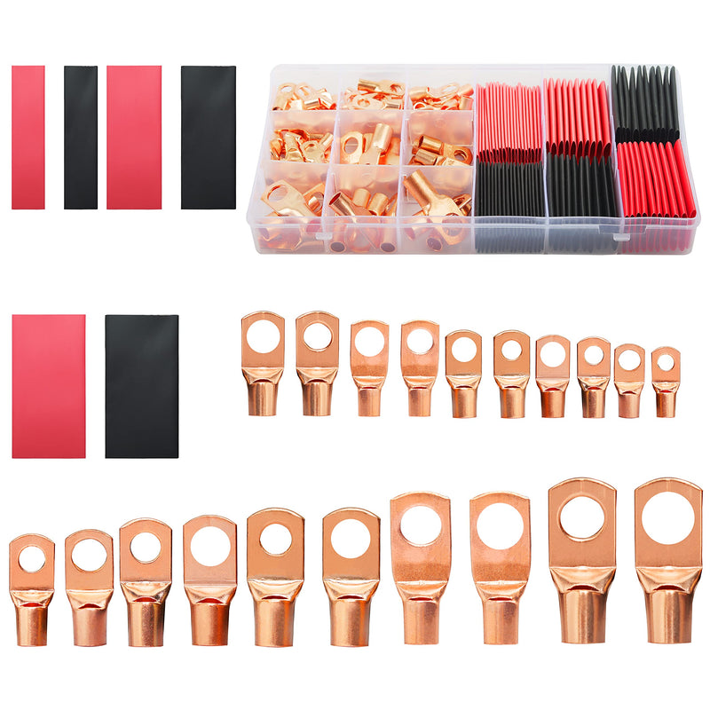 150Pcs Copper Wire Terminal Connectors, AWG 2 4 6 8 10 12 Ring Lug Kit with Heat Shrink, IBosins 70pcs Battery Cable Lugs with 80pcs Heat Shrink Tubing 150
