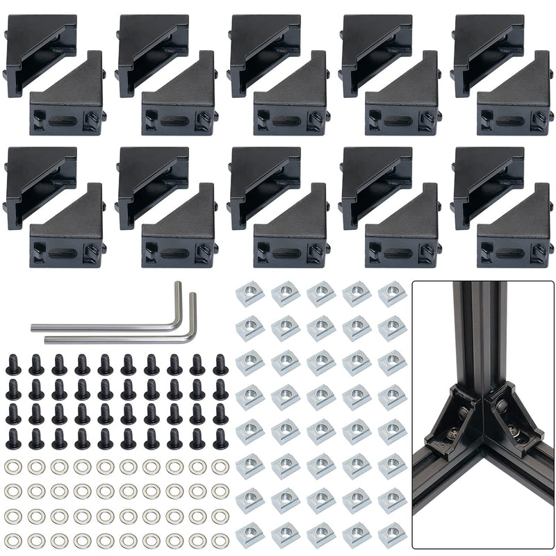 CheeMuii 2020 Corner Bracket Kit,20pcs Corner Brackets 40pcs Hex Screws 40pcs Slide Nuts,40pcs Washers and 2pcs Hex Wrenchs for Slot 6mm 20s Aluminum Extrusion Profile Rail Accessories 20sets Black