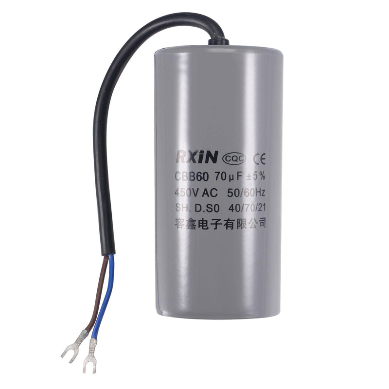 uxcell CBB60 Run Capacitor 70uF 450V AC 2 Wires 50/60Hz Cylinder 123x60mm with Terminal for Air Compressor Water Pump Motor