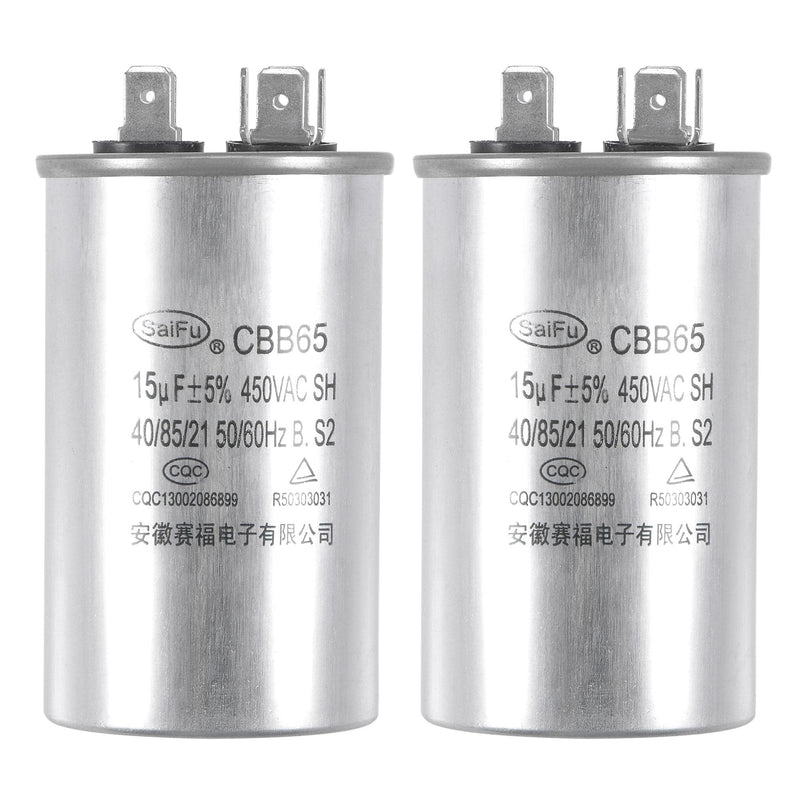 uxcell Run Capacitor Round CBB65 15uF 15mfd 450V AC 40/85/21 Aluminum Case with Terminal for Air Conditioner Compressor Motor Heat Pump Condenser 2Pcs
