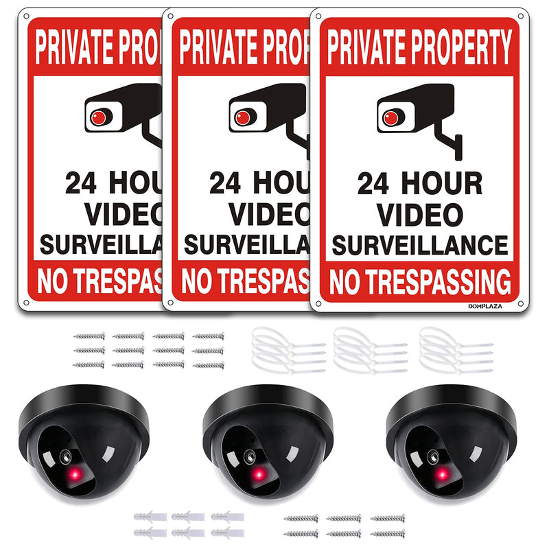 3 PCS Fake Security Camera include 3 PCS Metal Private Property No Trespassing Sign with Screws and Zip Ties, Dummy Cameras with Led Lights and Video Surveillance Signs for Outdoor and Business Black