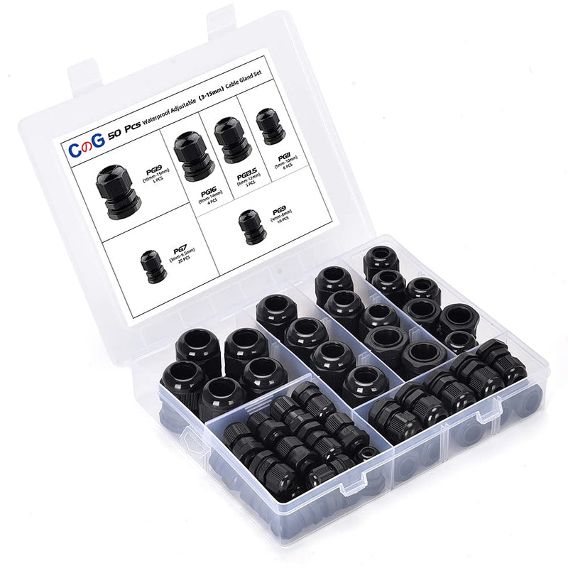 CGELE Cable Gland 50 Pack Plastic Waterproof Adjustable Connector 3-16mm Strain Relief Cord Connectors Joints Nylon with Gaskets PG7 PG9 PG11 PG13.5 PG16 PG19