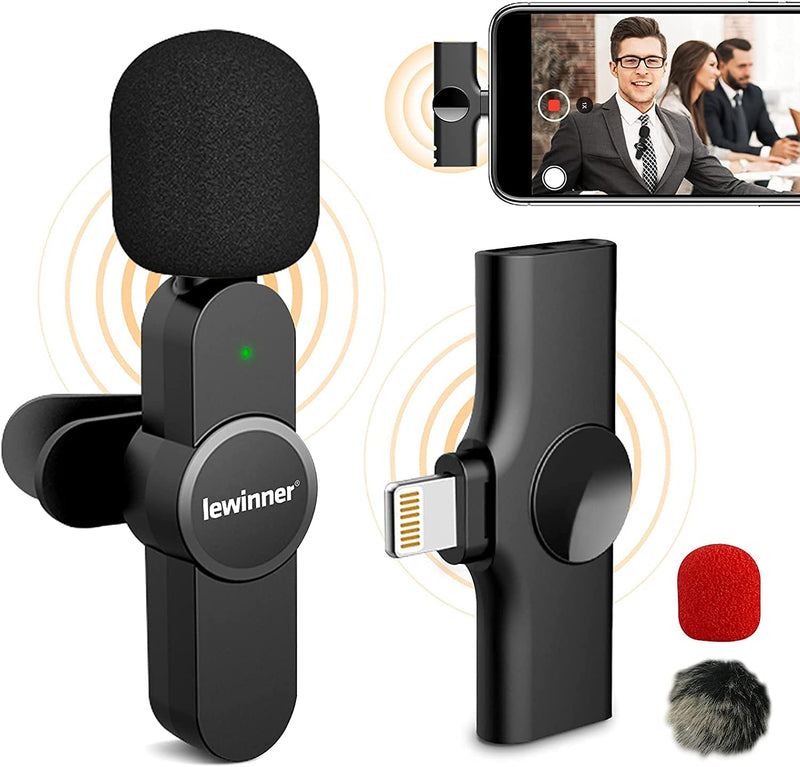 lewinner Wireless Lavalier Microphone for iPhone iPad, 2.4Ghz Plug and Play Lapel Clip-on Mini Mic YouTube FB Live Stream TikTok Vlog Video Recording - Noise Reduction/No APP Bluetooth Needed