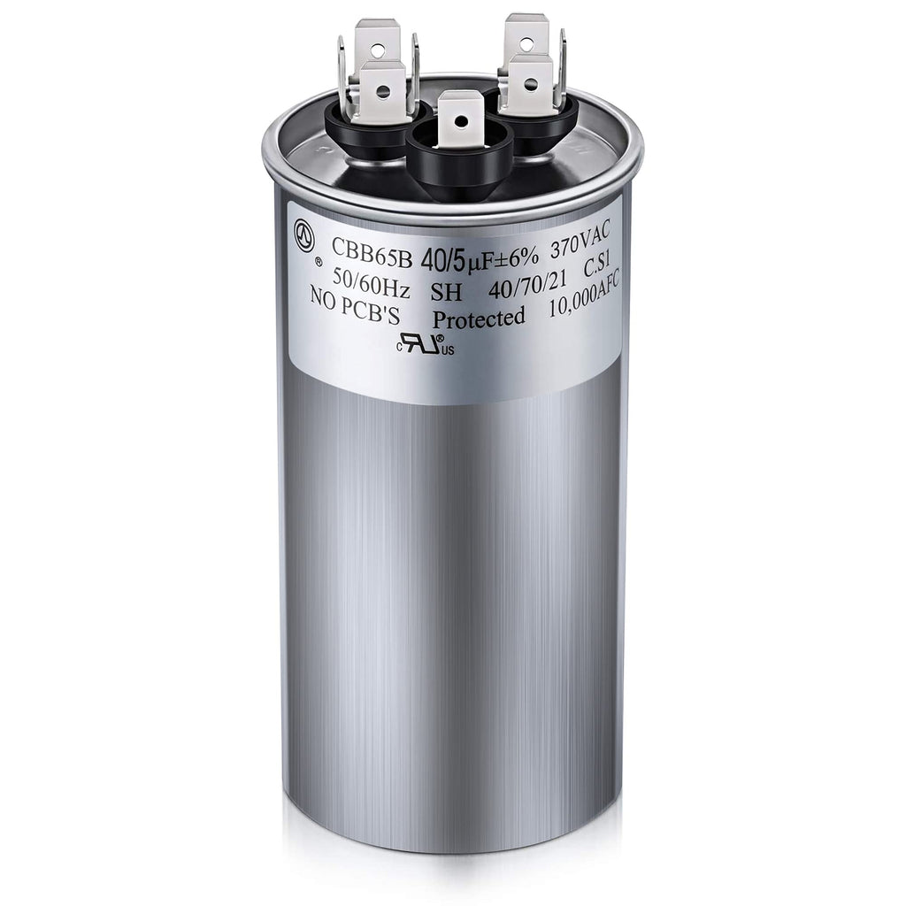 40/5 MFD uF ±6% 370/440 VAC CBB65B Dual Run Round Capacitor, UL Listed Motor Run Capacitor for Condenser Straight Cool or Heat Pump Air Conditioner Parts Replacements 40/5