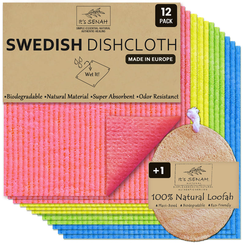 [12Pack+1Loofah Dish Sponge] 100% Natural Biodegradable Swedish Dishcloths for Kitchen | No-Discoloration, No-Odor, Super Absorbent Dish Sponge | Paper Towel, Dust Wipes Replacement [New Pattern] New Multi