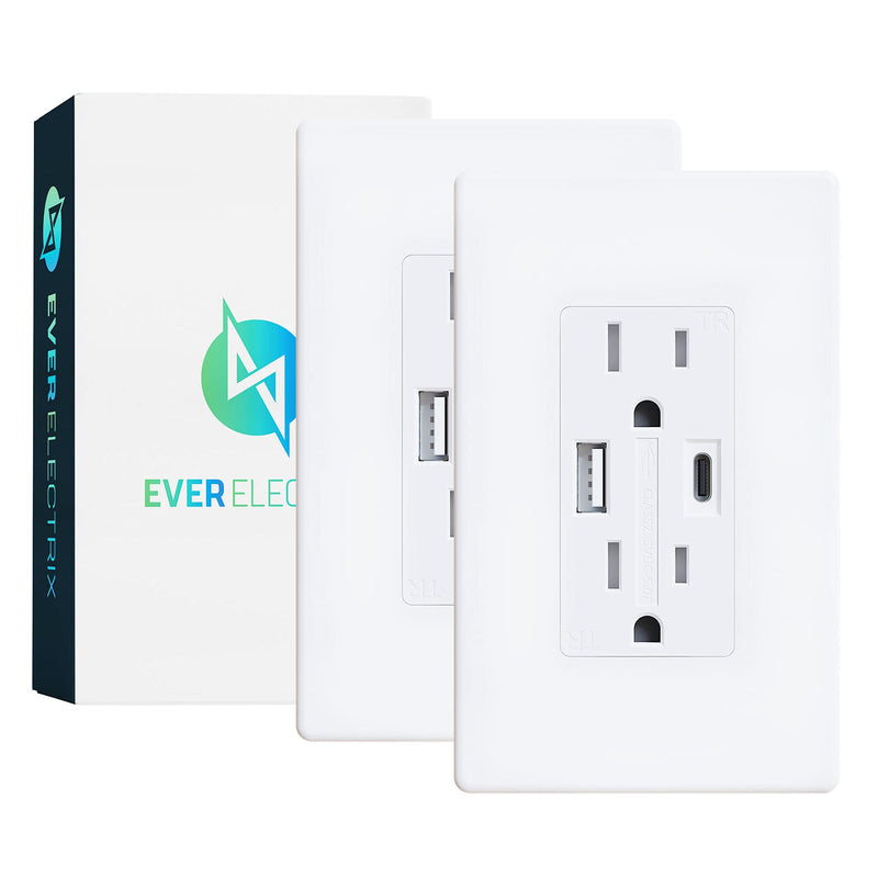 EverElectrix 25W 5.0A USB Type A Wall Outlet with Type C Dual Charging Ports 15A Tamper Resistant USB Outlet High Speed Outlet with USB Ports Electrical Outlet, UL Listed, USB C Outlet, 2 Pack