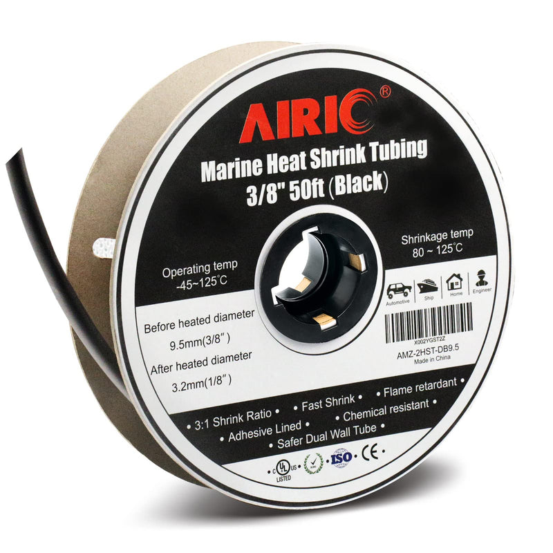 AIRIC 3/8in Heat Shrink Tubing Roll, 3:1 Heat Shrink Tube Adhesive Lined - Dual Wall Tube - Marine Heat-Shrink Tubing Industrial, Black, 50 Feet Roll 3/8"-50feet 50Feet-Tubing