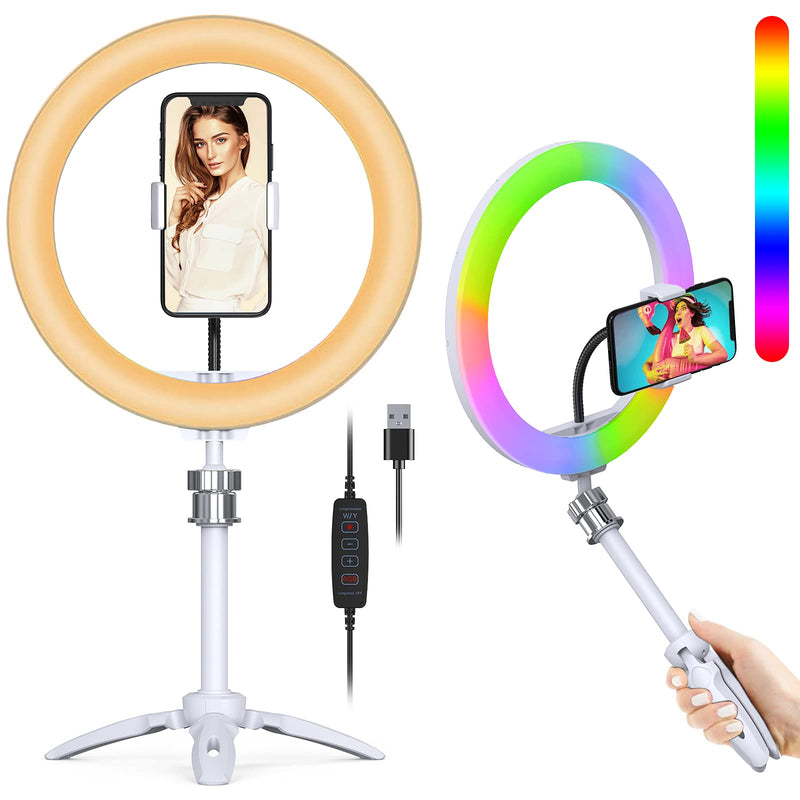 10" LED Ring Light with Tripod Stand & Phone Holder Conference Lighting, Dimmable Selfie Ring Lights for Computer,7 RGB Colors, Desktop Light for Makeup/Live Streaming/YouTube/TIK Tok Video/Vlogs White