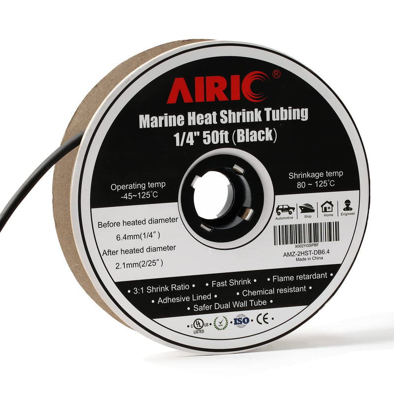 AIRIC 1/4in Heat Shrink Tubing Roll, 3:1 Heat Shrink Tube Adhesive Lined - Dual Wall Tube - Marine Heat-Shrink Tubing Industrial, Black, 50 Feet Roll 1/4"-50feet 50Feet-Tubing