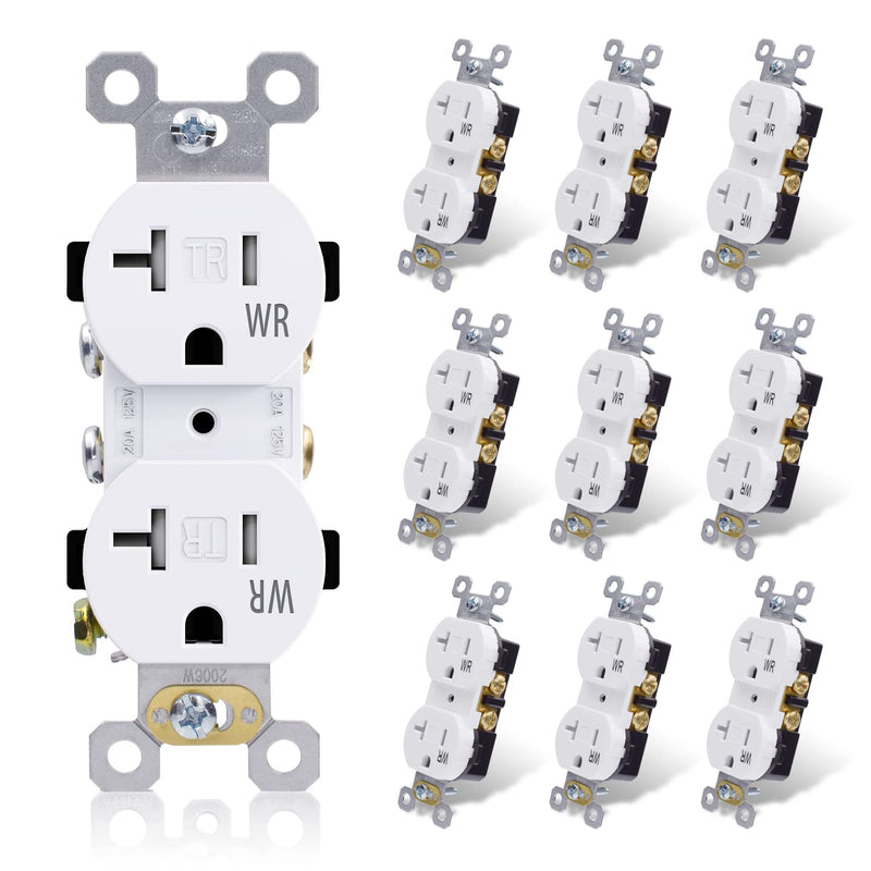 ELEGRP 20 Amp 125V Duplex Receptacle, Standard Electrical Wall Outlet, TR Tamper Resistant and WR Weather Resistant, 2 Pole 3 Wire, Self-Grounding, Residential Grade, UL Listed, Glossy White, 10 Pack Tamper/Weather Resistant