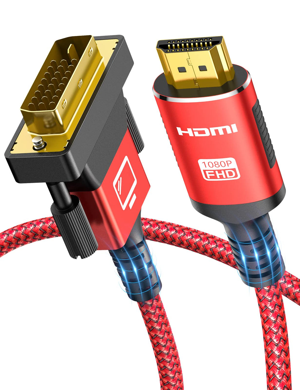 HDMI to DVI Cable 10FT, High-Speed Bi-Directional DVI-D 24+1 Male to HDMI Male 1080P Nylon Braid Cable,Gold-Plated Adapter,Aluminum Shell,Compatible PC,Blu-Ray,PS3/4/5 and More 10feet Red