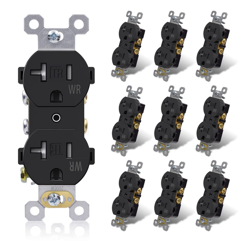 ELEGRP 20 Amp 125V Duplex Receptacle, Standard Electrical Wall Outlet, TR Tamper Resistant and WR Weather Resistant, 2 Pole 3 Wire, Self-Grounding, Residential Grade, UL Listed, Glossy Black, 10 Pack Tamper/Weather Resistant