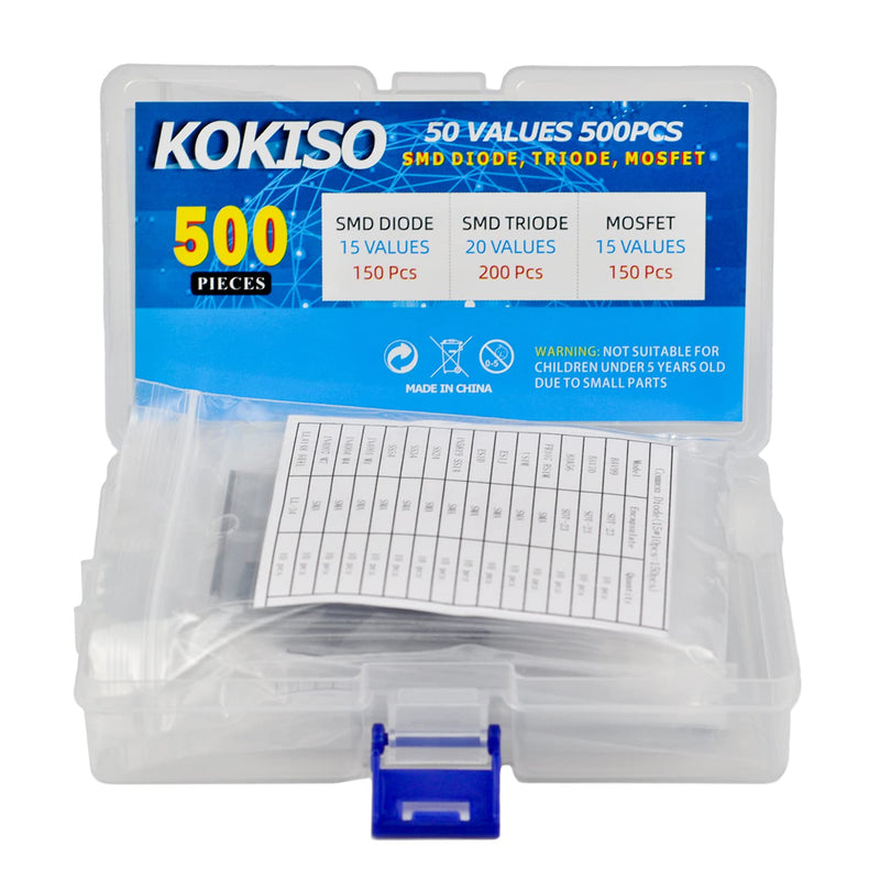KOKISO 50 Values 500 Pcs Sample Box [15 Values 150 Pcs SMD diode,20 Values 200 Pcs SMD Transistor, 15 Values 150 Pcs SMD MOS] SMD Chip Transistor Assortment Kit