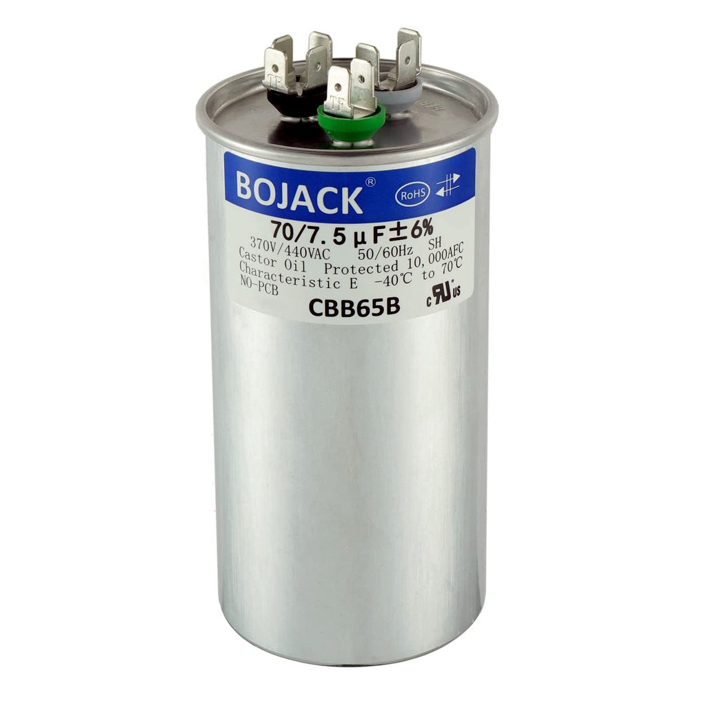 BOJACK 70+7.5 uF 70/7.5 MFD ±6% 370/440 V AC CBB65 Dual Run Circular Start Capacitor for AC Motor Run or Fan Start or Condenser Straight Cool or Heat Pump Air Conditioner