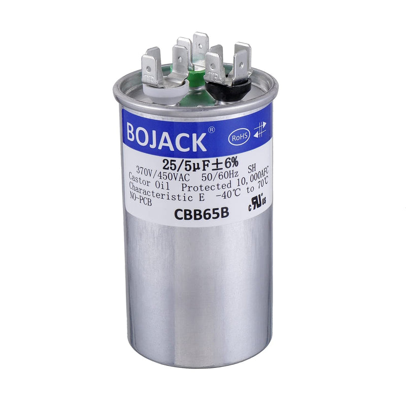 BOJACK 25+5 uF 25/5 MFD ±6% 370/450 V AC CBB65 Dual Run Circular Start Capacitor for AC Motor Run or Fan Start or Condenser Straight Cool or Heat Pump Air Conditioner