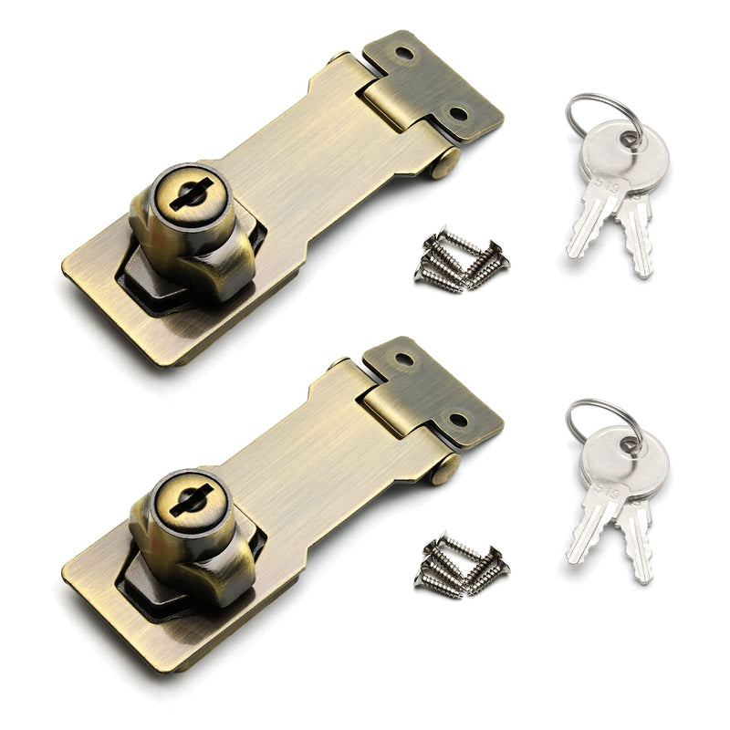 Kyuionty 2Pcs Keyed Hasp Locks 3 Inch Twist Knob Keyed Locking Hasp, Metal Safety Hasp Latches Keyed Different for Small Doors, Cabinets (Bronze) Bronze