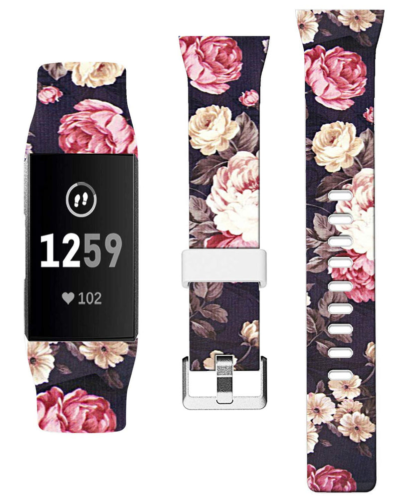 Bands for Charge 4 Silicone Designer & Cisland Durable Design Patterned Print for Women Girls Strap Replacement Compatible with Fitbit Charge 4/Charge 3/Charge 3 SE Small + Black Flower Floral