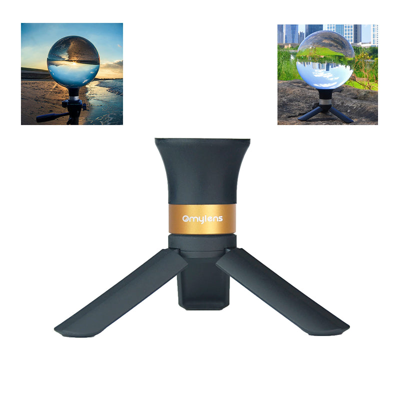 [AUSTRALIA] - Omylens Lensball Stand Supports 60mm/2.36" to 150mm/5.9" Crystal Ball, Spherical Display Standing, Silicone Suction Cup+Golden Alumina Base (1/4"-20 General Internal Thread) + Mini Tripod golden base 