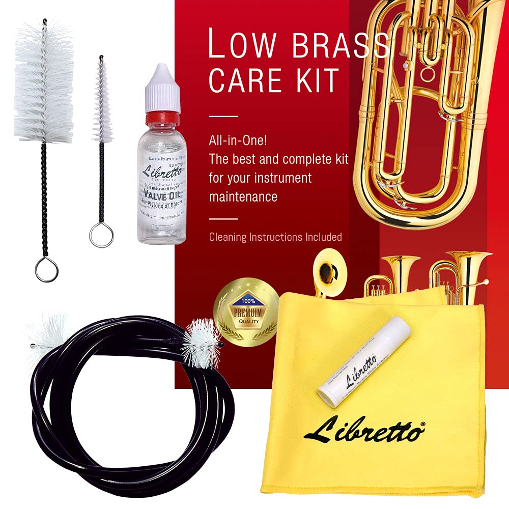 Libretto Low Brass ALL-INCLUSIVE Cleaning Kit with Instructions: Valve Oil + Slide Grease + Cleaning Cloth + Mouthpiece/Valve/Bore Brushes. A Great Gift for Tuba, Euphonium, Baritone, Sousaphone &More