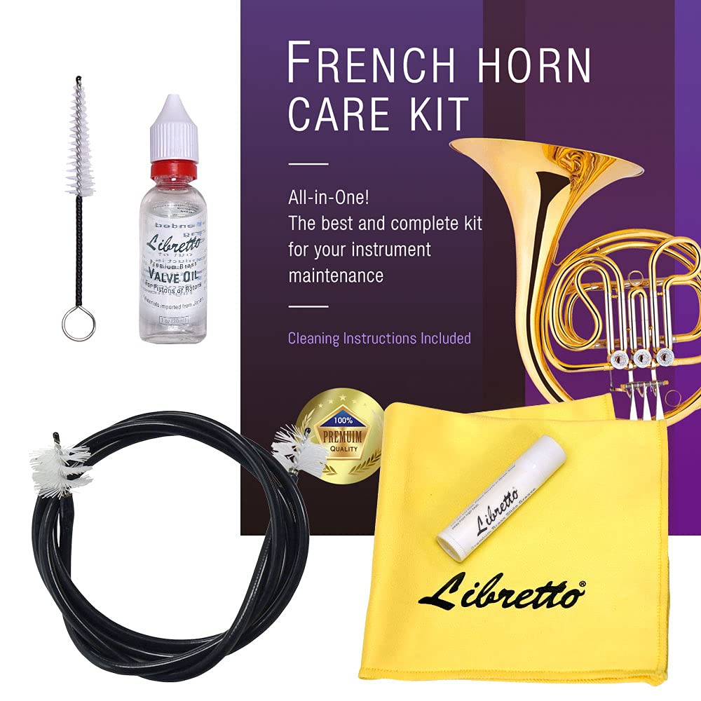 Libretto French Horn ALL-INCLUSIVE Cleaning & Care Kit with Instructions: Valve Oil + Slide Grease + Cleaning Cloth + Mouthpiece & Bore Brushes, Giftable Handy Case. Clean & Extend Life of your Horn