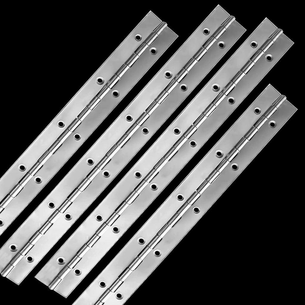12Inch Continuous & Piano Hinges, 4Pcs Stainless Steel Continuous Hinge with Holes, Heavy Duty Polished Stainless Piano Hinges for Boats Cabinets Storage Box, 0.04" Leaf Thickness 1.2” Open Width